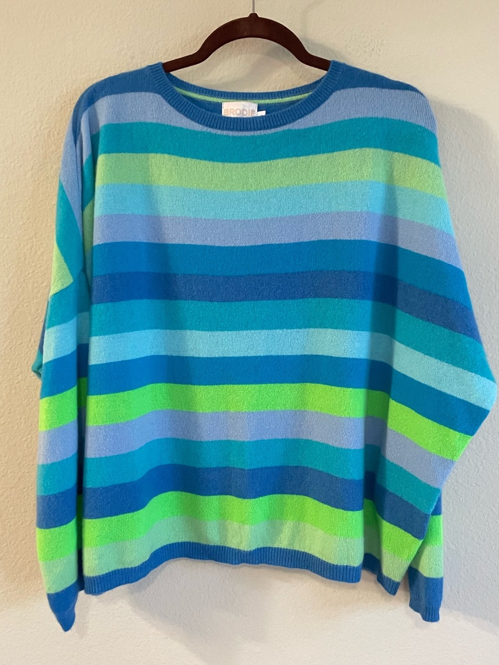 BRODIE Blue Striped Cashmere Round Neck Oversized Pullover Sweater Size Large